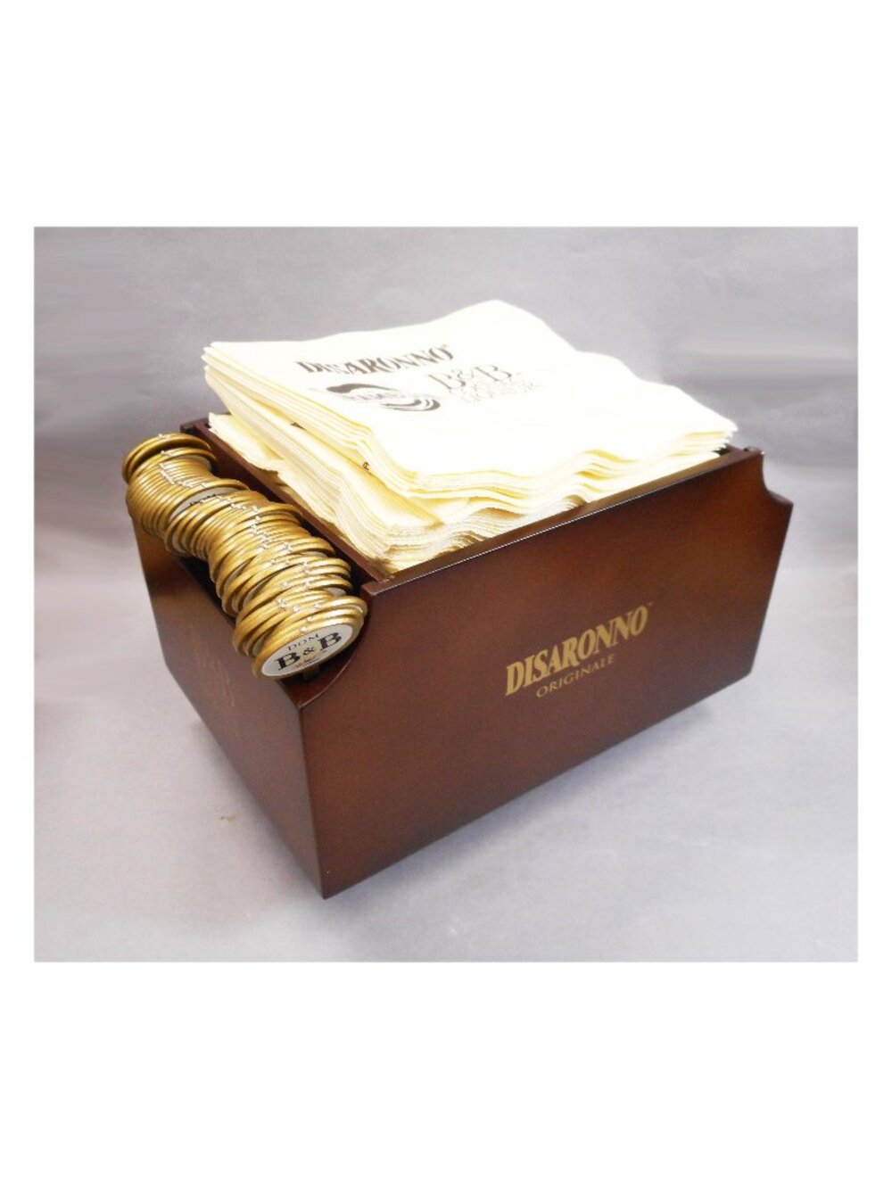 Rare Drambuie Disaronno B&B Cognac wood napkin holder w/ swizzles & napkins